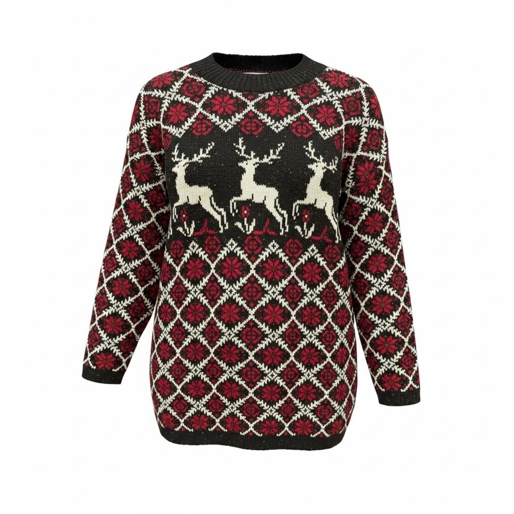 VTG Delia McKain Reindeer Snowflake Fair Isle Knit Sweater Made in USA Sz L Cozy